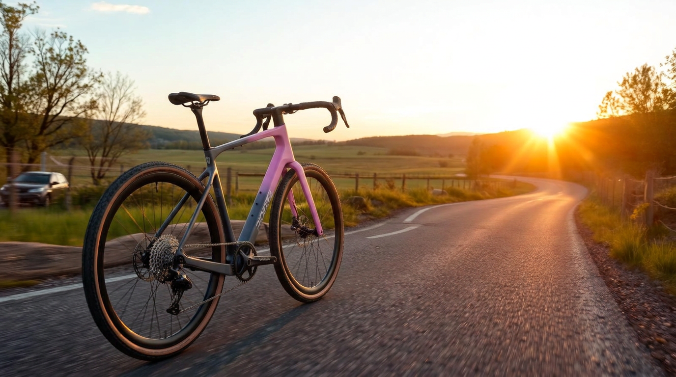 Ride1UP CF Racer1 carbon fiber road/gravel electric bike on a country road at sunrise