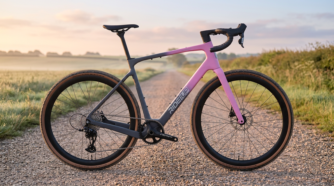 Pink-and-charcoal Ride1UP CF Racer1 carbon electric bike on a gravel country road