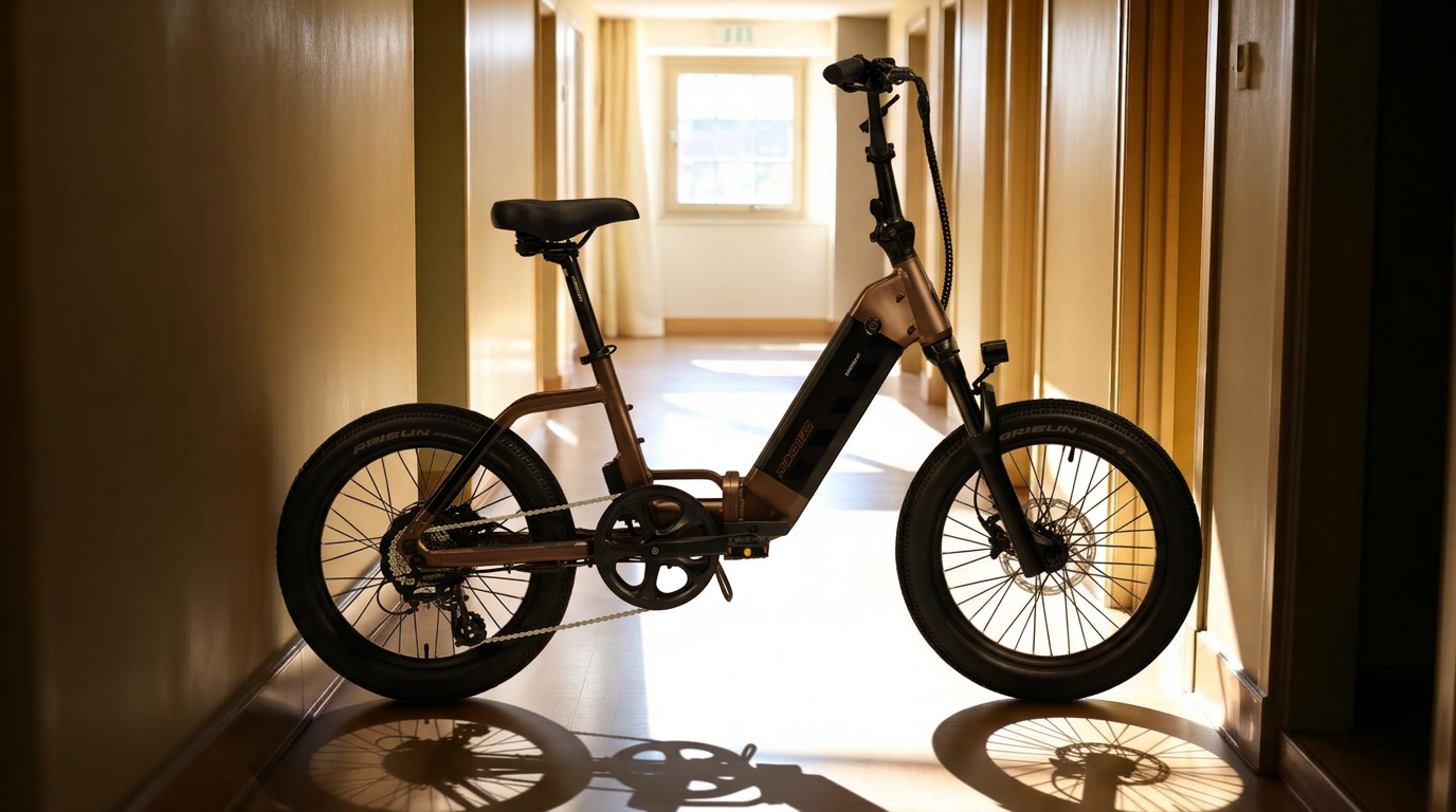 Ride1UP Portola folding electric bike in a sunlit apartment hallway