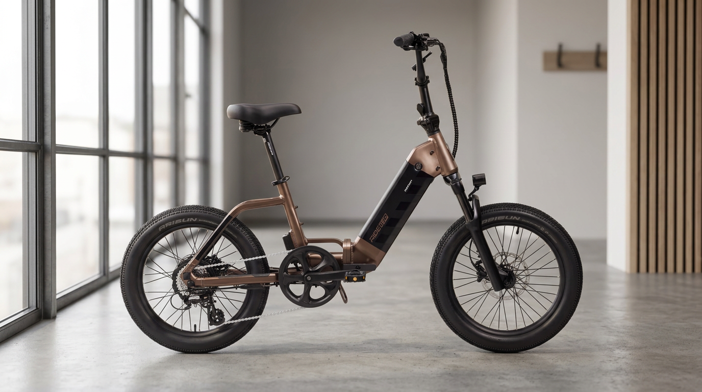 Bronze Ride1UP Portola folding electric bike in a modern apartment storage space