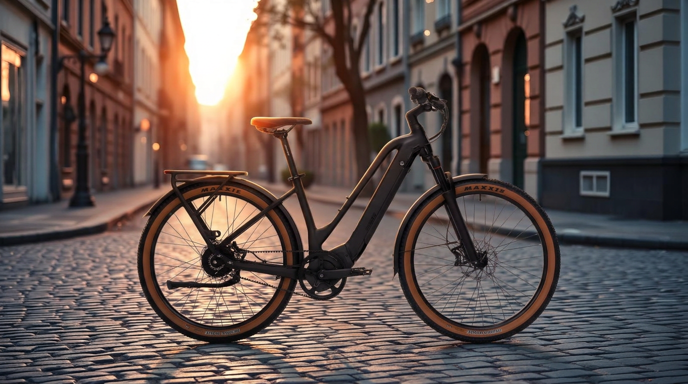 Ride1UP Prodigy v2 mid-drive commuter on a European cobblestone street at dawn