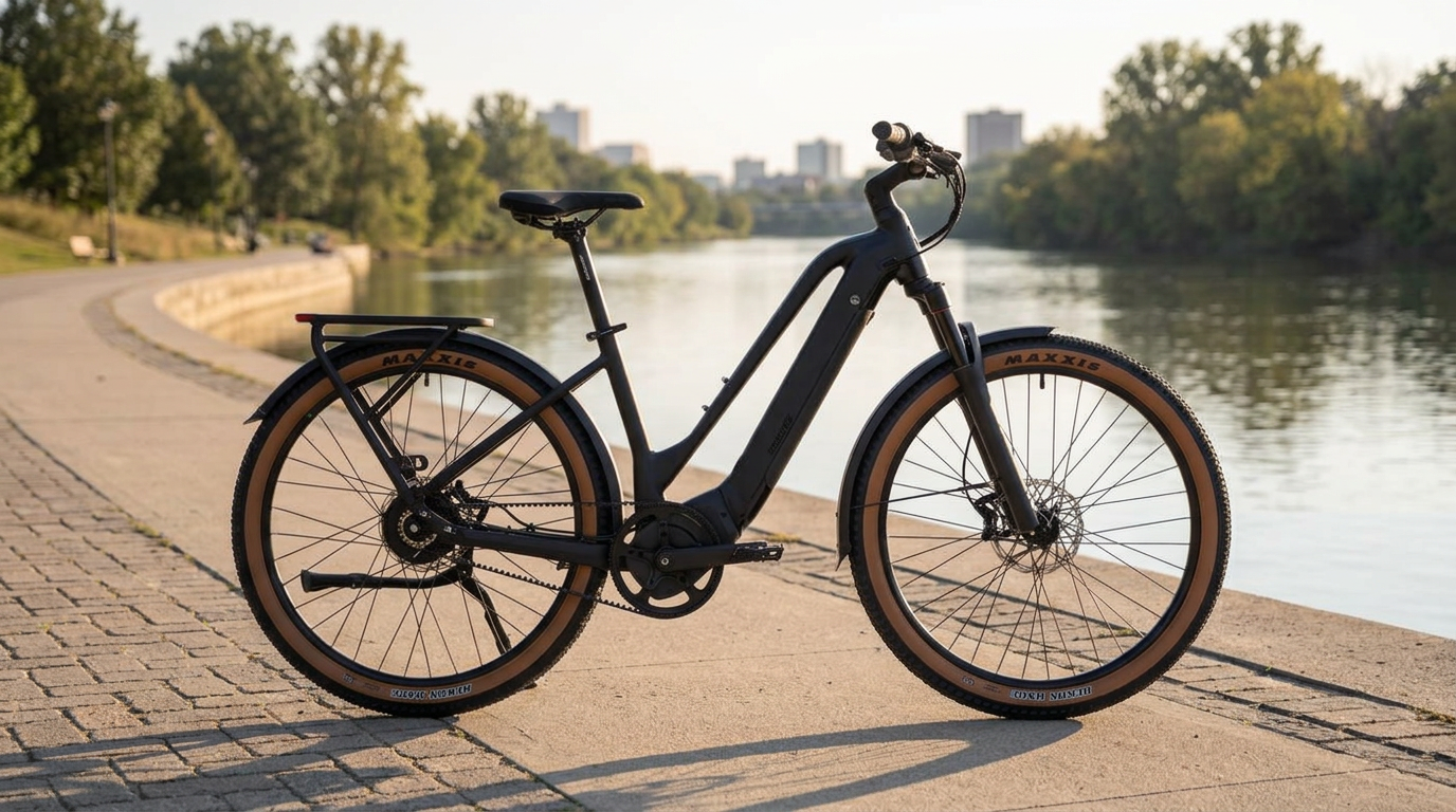 Matte-black Ride1UP Prodigy v2 mid-drive electric bike beside a riverside path