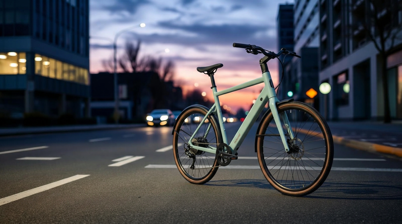 Ride1UP Roadster v3 lightweight city electric bike at dusk