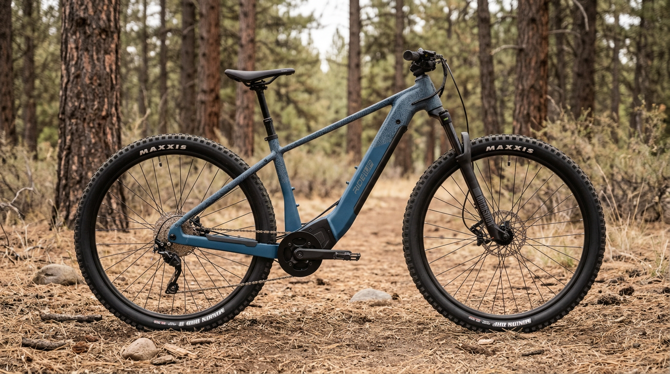 Blue patterned Ride1UP TrailRush electric mountain bike on a pine-forest trail