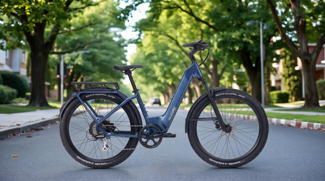 Ride1UP Vorsa utility electric bike with rear rack on a tree-lined street