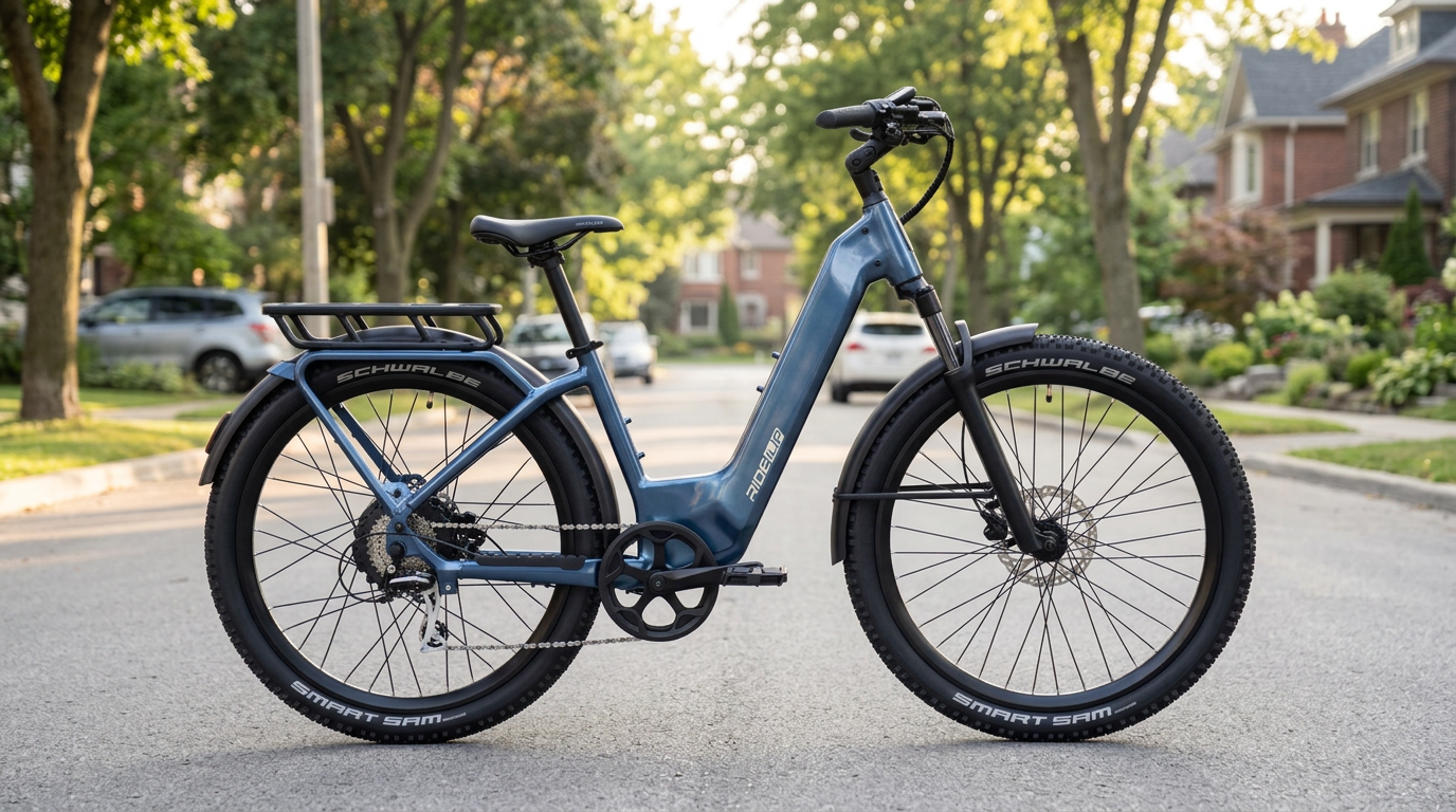 Glacier-blue Ride1UP Vorsa ST utility electric bike on a leafy residential street